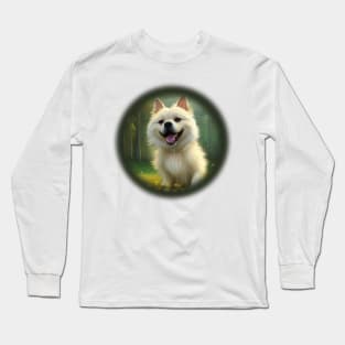 Small white dog runs through a flower field Long Sleeve T-Shirt